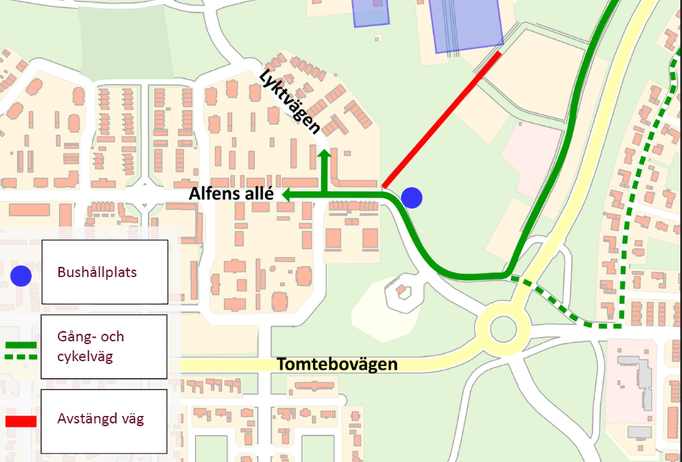 karta avstängd gång- och cykelväg Tomtebo gård