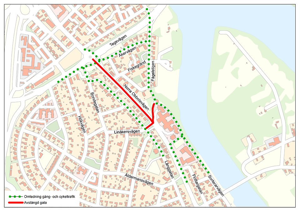 Omledning av gång- och cykeltrafik.