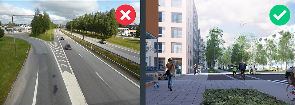 Foto till vänster som visar väg 503 från korsningen med Tegsvägen. Till höger visas en 3D-illustration. Fotot har ett rött kryss i bilden och illustrationen har en grön bock. 