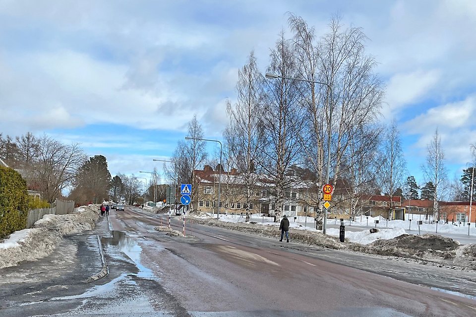 Bild på väg med tegelstensbyggnad i bakgrunden, samt några björkar utan löv.