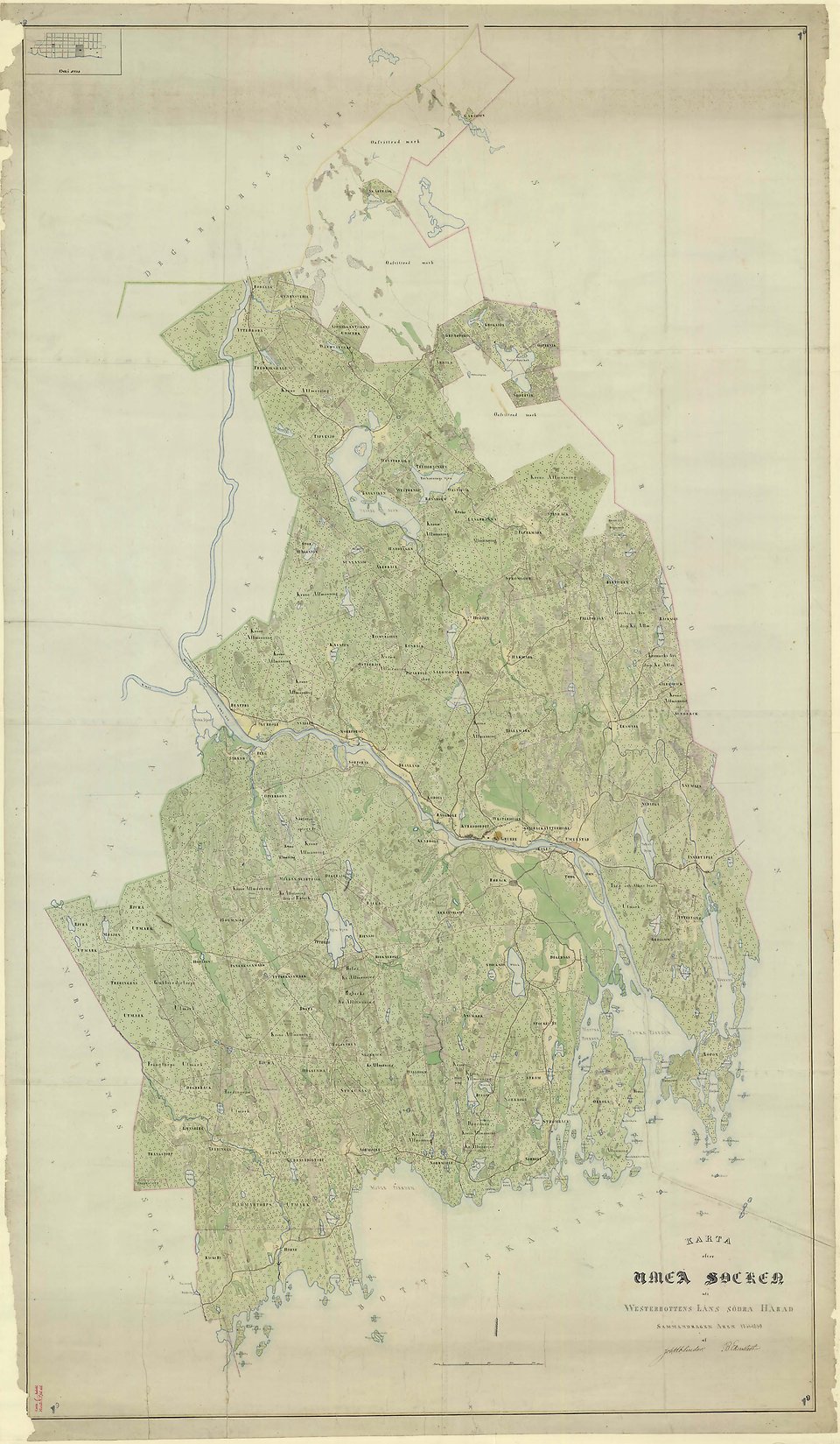 Karta över Umeå socken vid mitten av 1800-talet – Sävar avskildes 1823. Lantmäteriet.