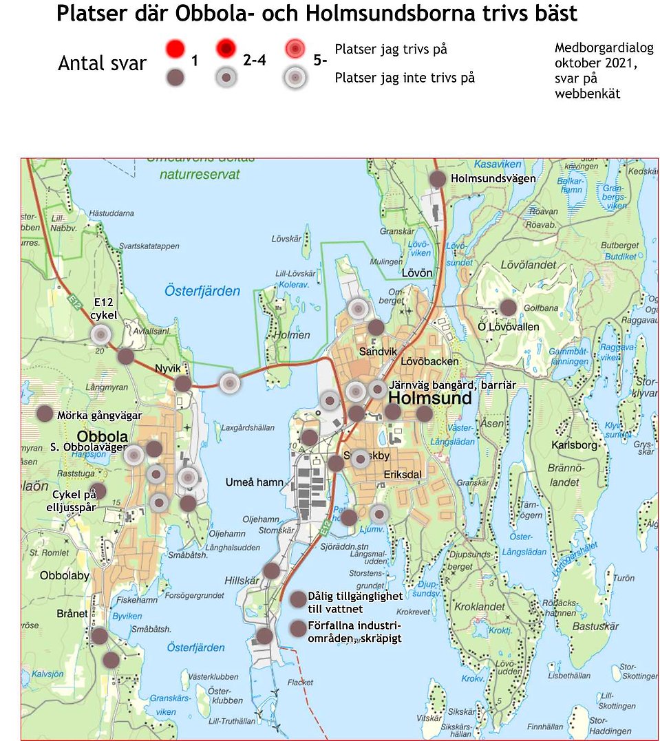 Karta med röda markeringar över de platser där Holmsunds- och Obbolabor trivs mindre bra