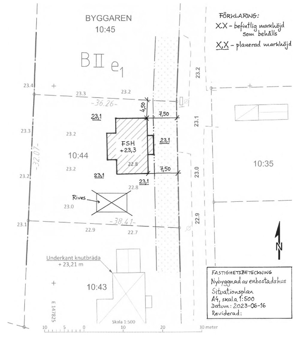 Svartvit situationsplan över ett exempelområde som kalla Lyckliga gatan. 