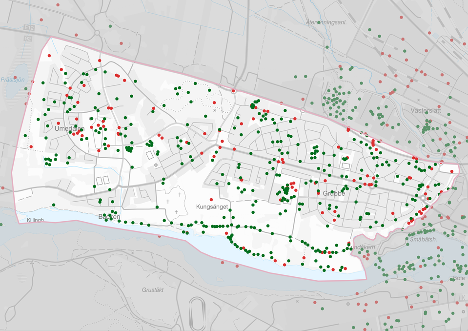 Karta 2: Kartillustration över Backenområdet som visar var innevånarna i Umeå tycker det finns trivsamma och otrivsamma platser. Övervägande gröna punkter, det vill säga trivsamma platser. Dessa är utspridda över hela området men kanske mest vid älvsnära delar. Otrivsamma platser är ett mindre antal utspridda i området.