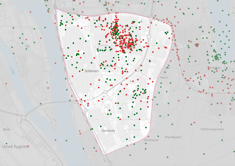 Karta 2: Kartillustration över de östra stadsdelarna som visar var invånarna i Umeå tycker det finns trivsamma och otrivsamma platser. Övervägande röda punkter som till stor del är samlade runt de centrala delarna på Ålidhem. Gröna punkter är mer jämnt spridda över de östra stadsdelarna.