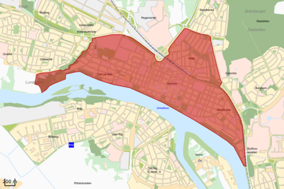 Kartillustration över stadens centrala delar som utgör miljözon.