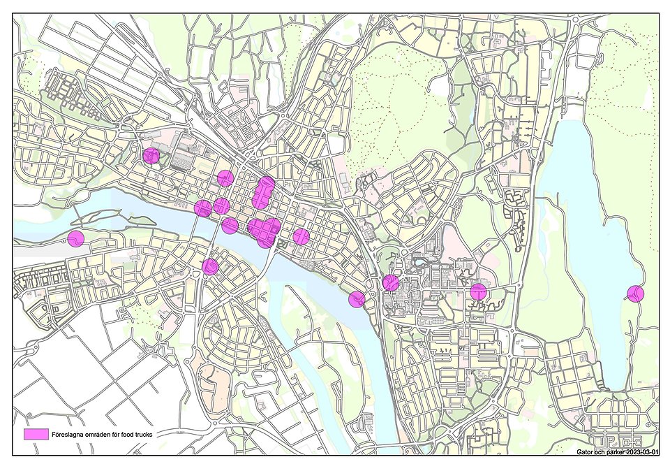 Karta över Umeå med lila runda markeringar som visar var det är tänkt att Umeås foodtrucks ska ha möjlighet att stå framöver. De flesta markeringarna finns i och runt de centrala delarna av Umeå.