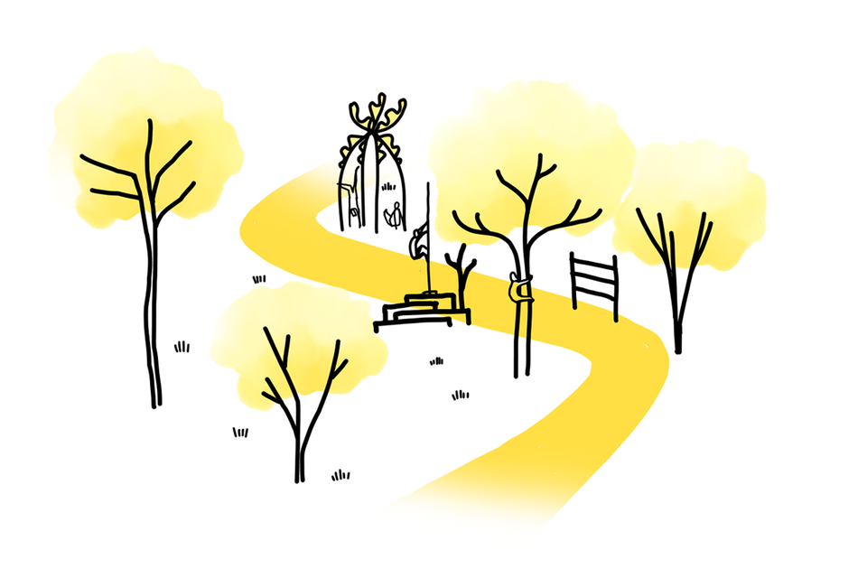 Skiss med gula och gröna färger, som visar fyra träd och ett promenadstråk och lekande barn. 