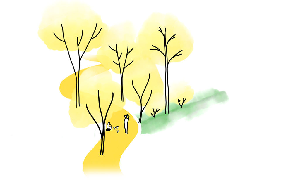 Skiss som visar fem träd och ett promenadstråk, målat i gult och grönt. En människa rör sig på promenadstråket.