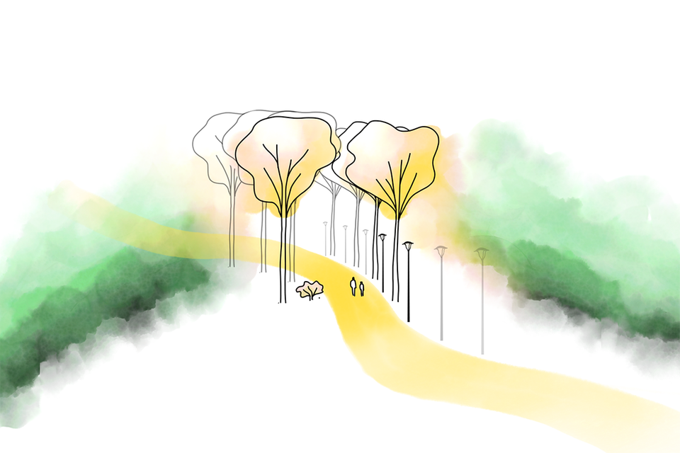 Illustration med mycket gula färger, en väg som går genom en allé med aspar.